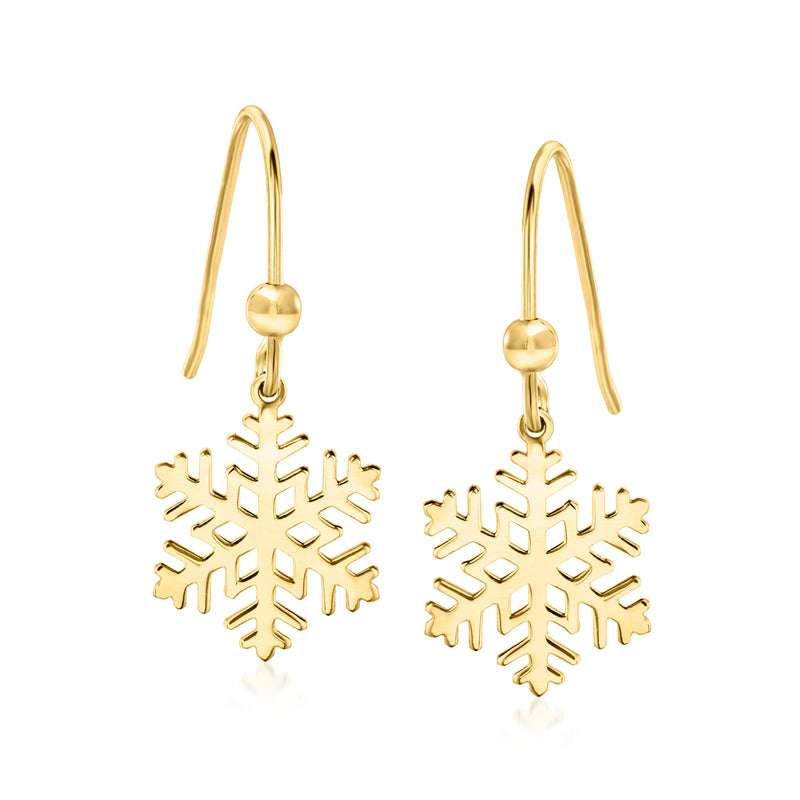 10kt yellow gold snowflake drop earrings with hook ear wires