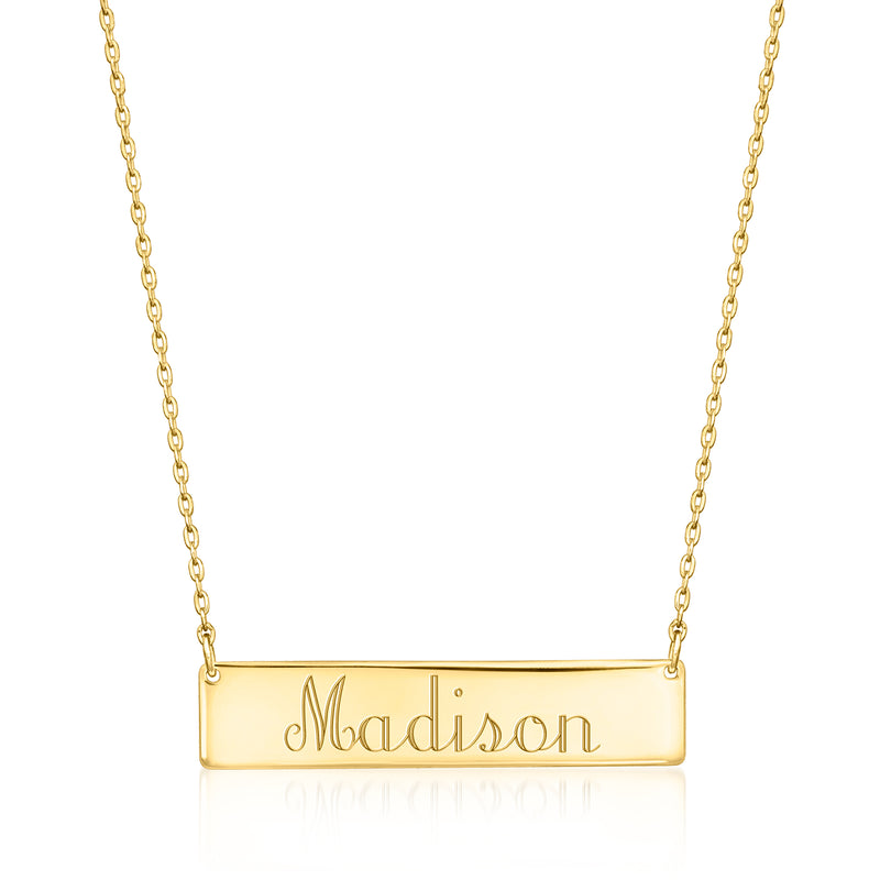 10kt yellow gold personalized bar necklace with Madison engraved on rectangular pendant