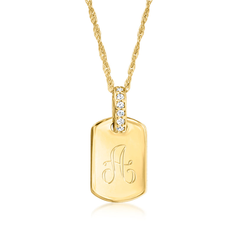 Personalized 14kt yellow gold dog tag pendant necklace with diamond-studded frame