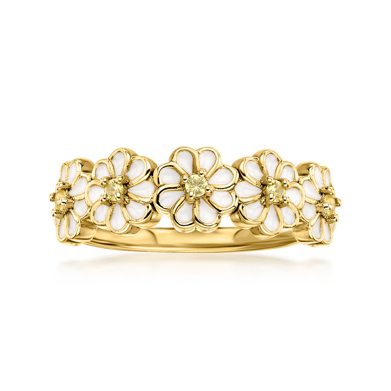 Gold flower ring with yellow center stones and white enamel petals, 18kt over sterling.