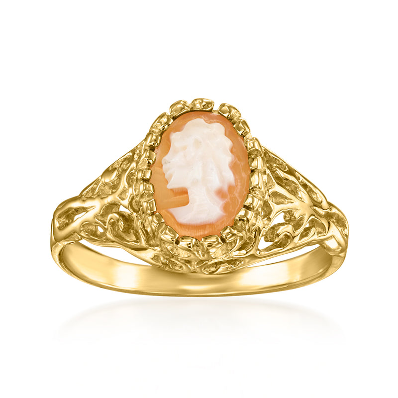 Vintage 14kt yellow gold cameo ring with oval shell cameo in warm brown