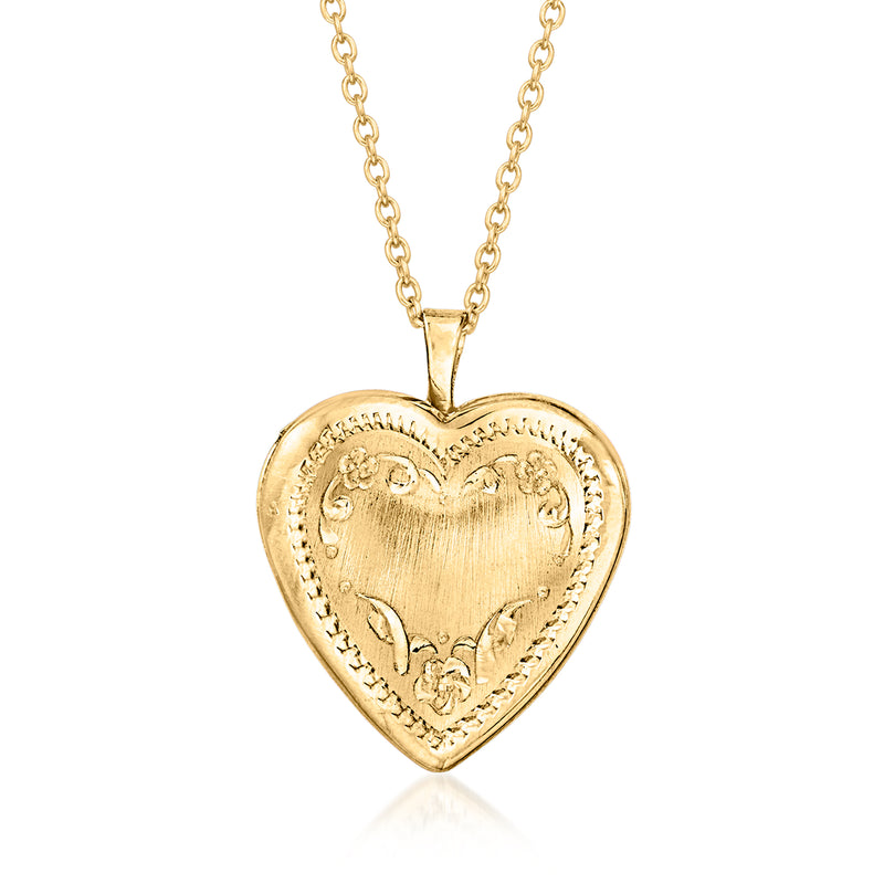 Yellow gold heart locket necklace with curb chain, engraved heart front