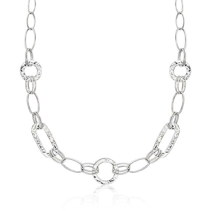Vintage sterling silver hammered link necklace with oval chain links and round clasp