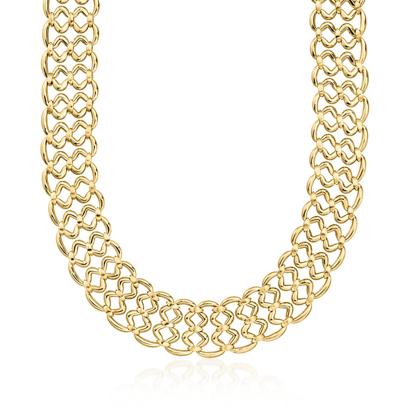 Vintage yellow gold openwork necklace with curvy linked chain, full collar view