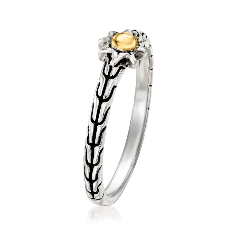 Sterling silver Bali-style sun ring with yellow gold sun center, side view