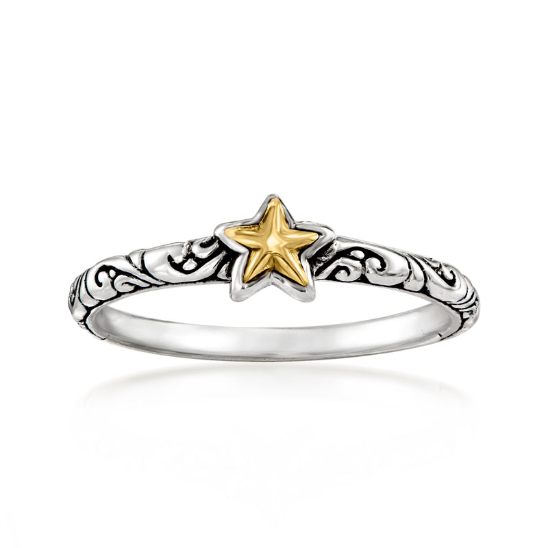 Sterling silver ring with yellow gold star, engraved Bali-style band