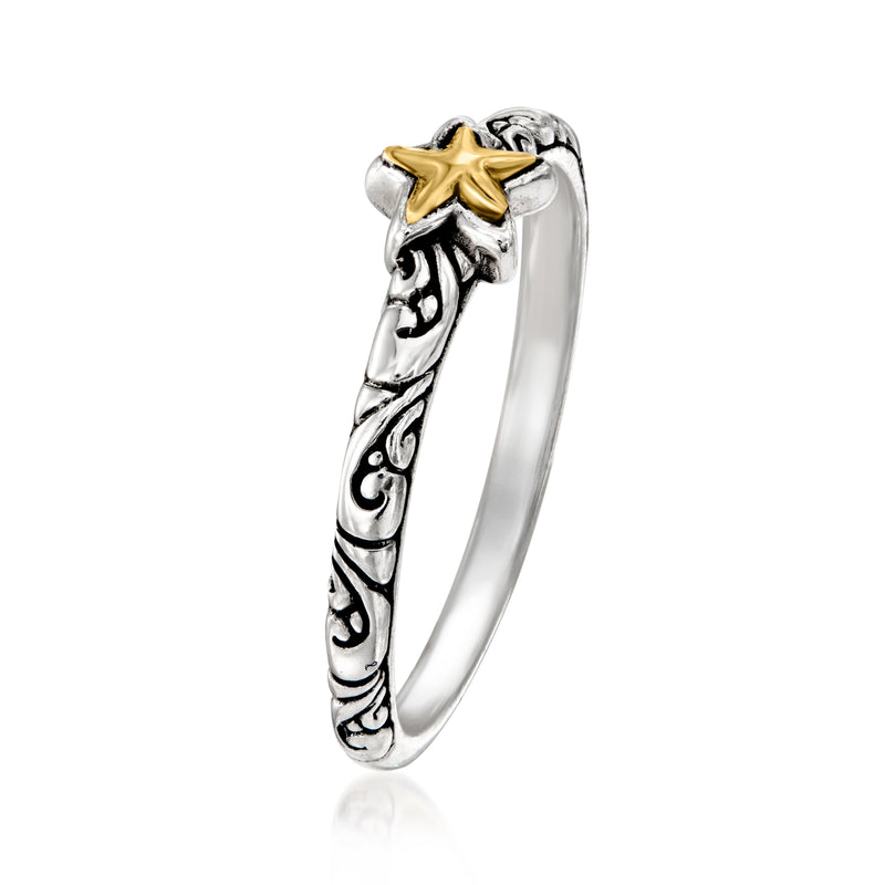 Sterling silver ring with yellow gold star top, curved engraved band