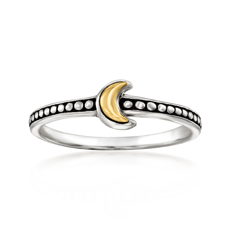Bali-style moon ring: sterling silver band with 18kt yellow gold crescent, dot border