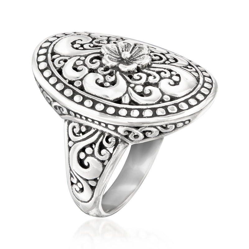 Sterling silver floral filigree ring, oval top with etched scrollwork