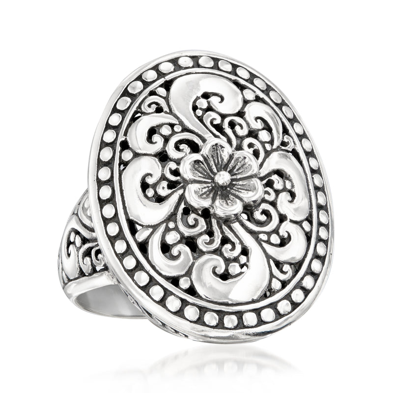 Sterling silver oval floral filigree ring with detailed center flower