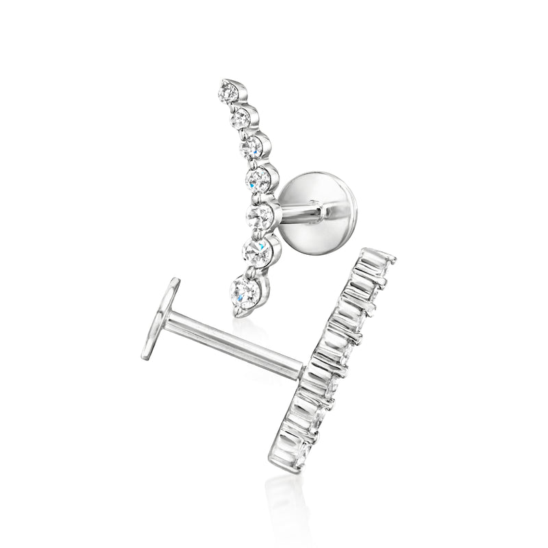 Curved ear climber earrings in sterling silver with flat back and round diamonds