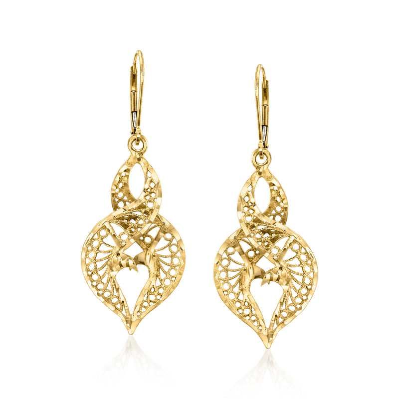 Vintage 14kt yellow gold twisted drop earrings with filigree heart, leverback hooks
