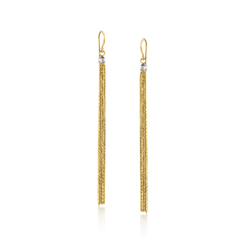 Two-tone gold tassel drop earrings with earwire, long fringed design