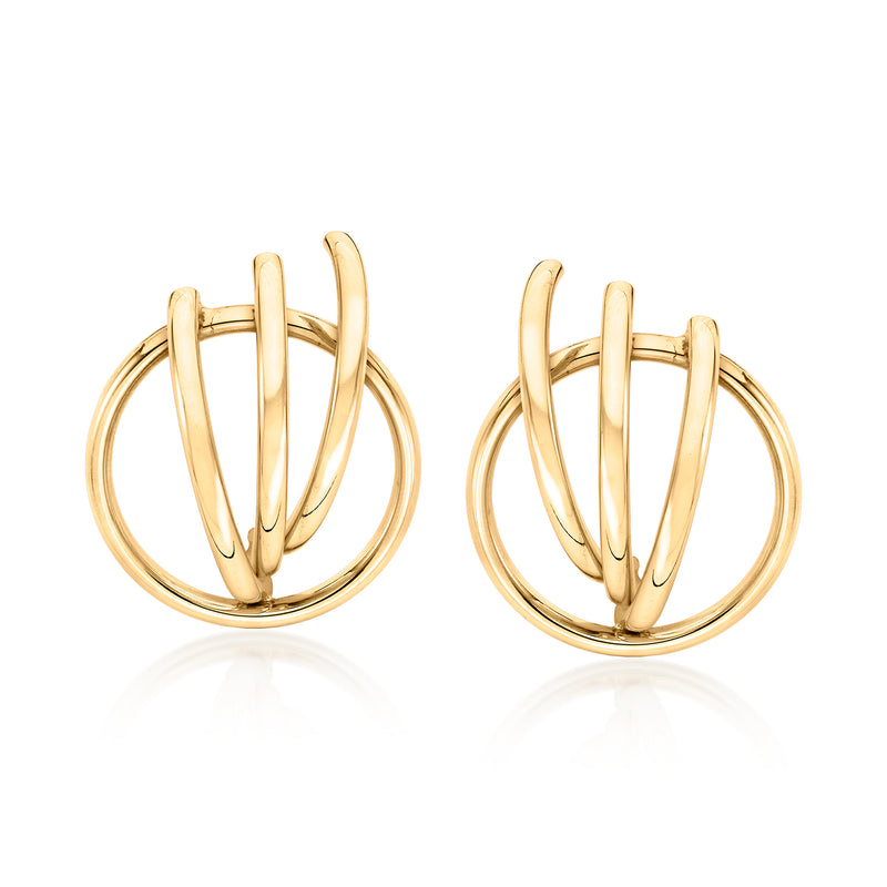 14kt yellow gold curved hoop post earrings with triple circle design