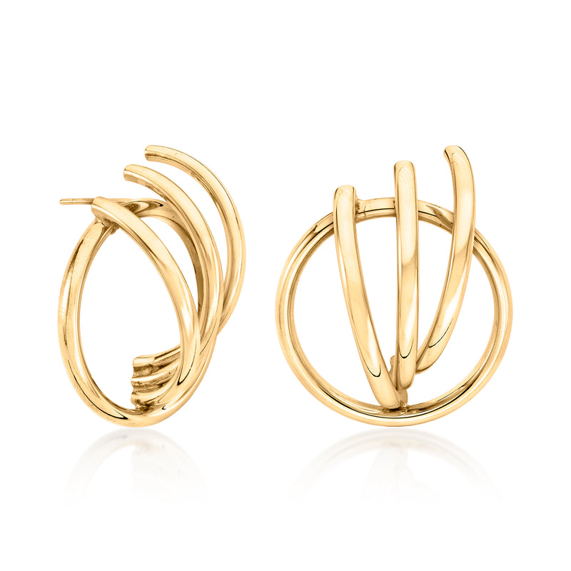 14kt yellow gold curved hoop post earrings, side view of triple circles