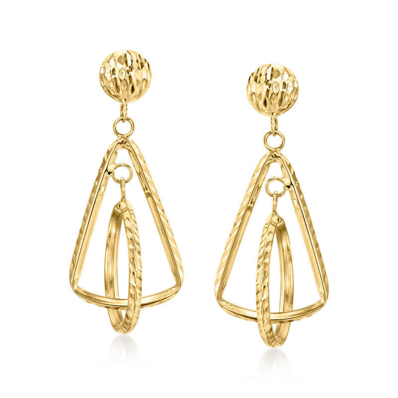 Yellow gold geometric drop earrings with textured round tops and dangling frames
