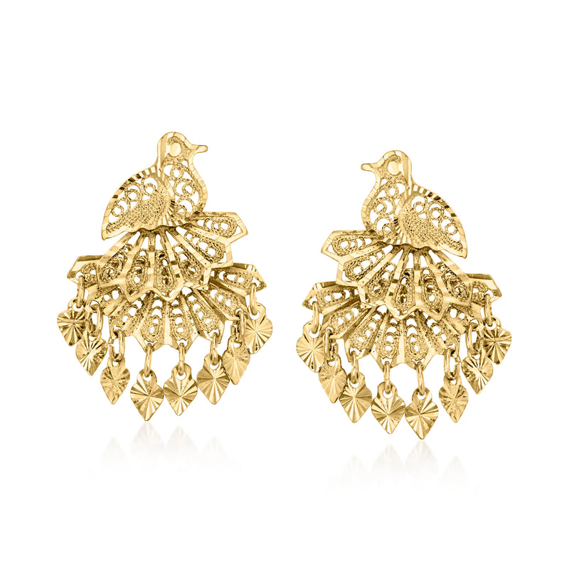 14kt yellow gold bird chandelier earrings with ornate filigree and dangling pieces