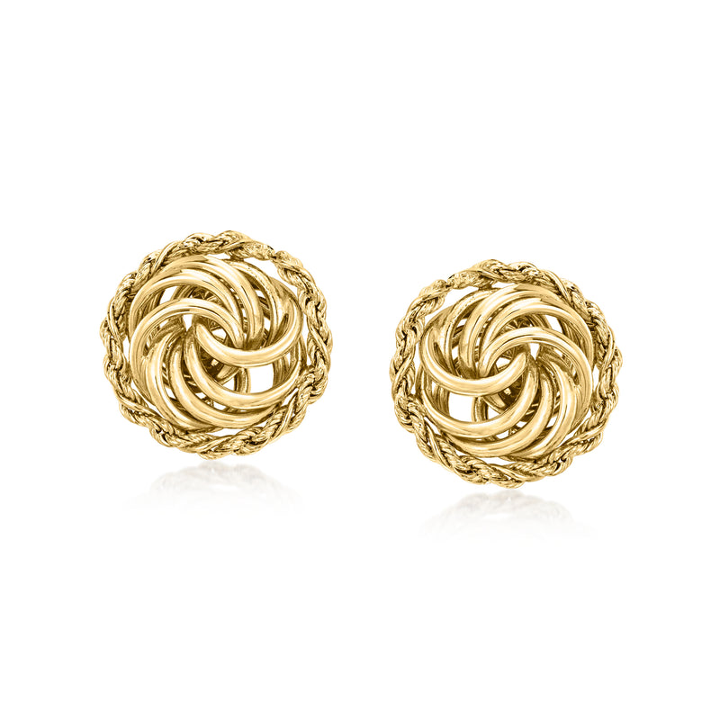 Vintage yellow gold knot stud earrings with roped edge, post backs