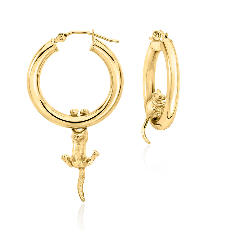 14kt yellow gold hoop earrings with dangling cat charm detail