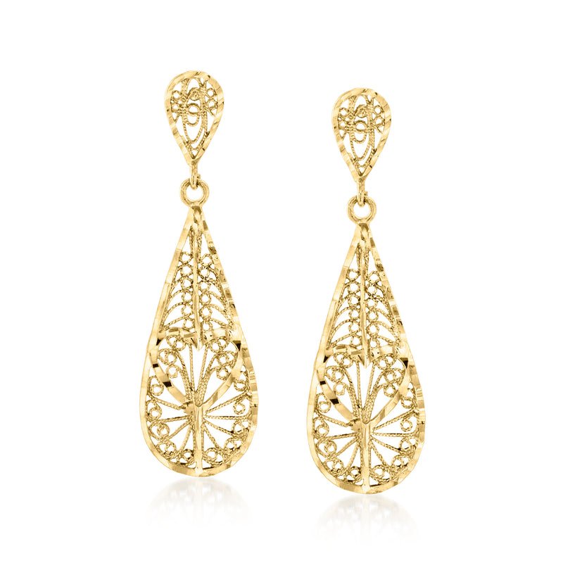 14kt yellow gold filigree teardrop drop earrings with ornate openwork design