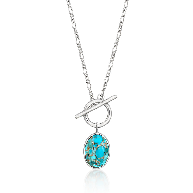 Sterling silver toggle necklace with turquoise oval pendant and linked chain.