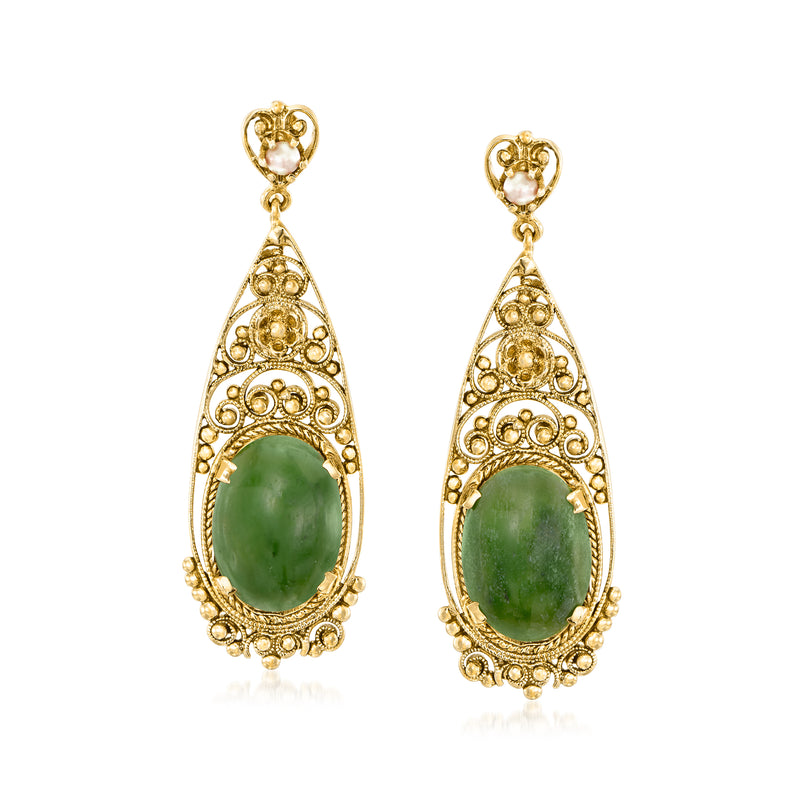 14kt yellow gold drop earrings with oval green gemstone and small white pearl accents
