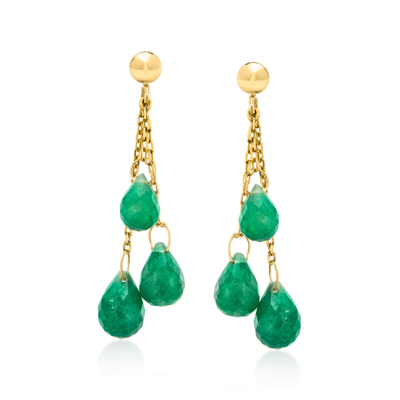 14kt yellow gold drop earrings with emerald-green teardrop stones and chain links