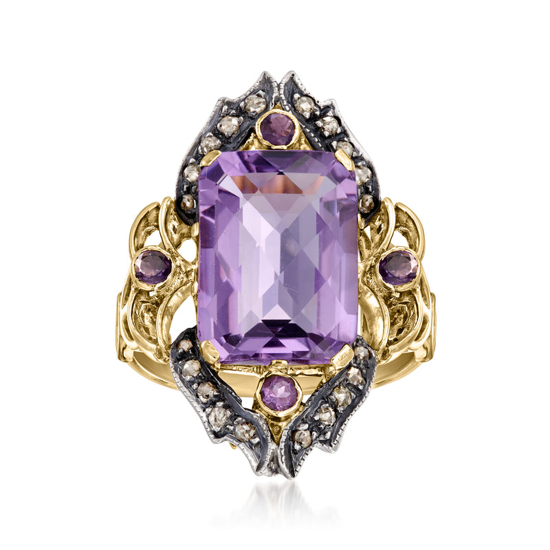 Amethyst vintage ring with rectangular purple gemstone and diamond accents; sterling silver & gold