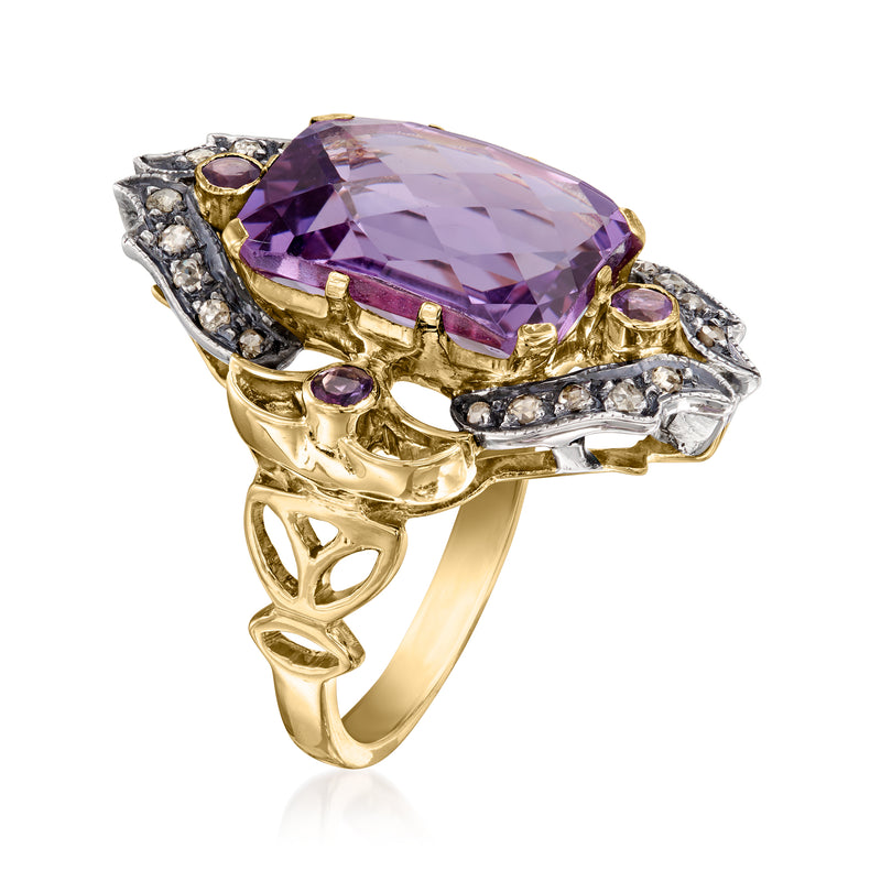 Amethyst ring side view with large purple cushion-cut stone, diamond halo, gold and silver setting