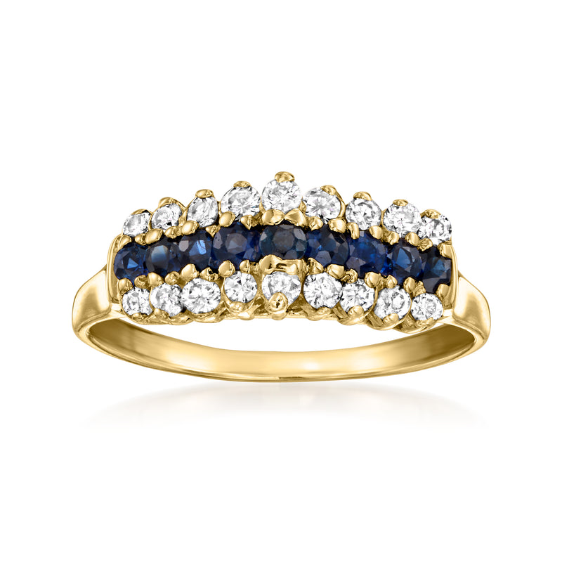 14k yellow gold ring with blue sapphires and white diamonds, scalloped bezel design