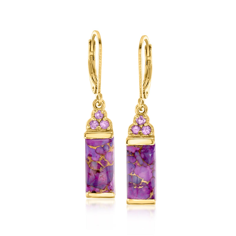 Gold leverback drop earrings with purple marbled gemstone and amethyst accents