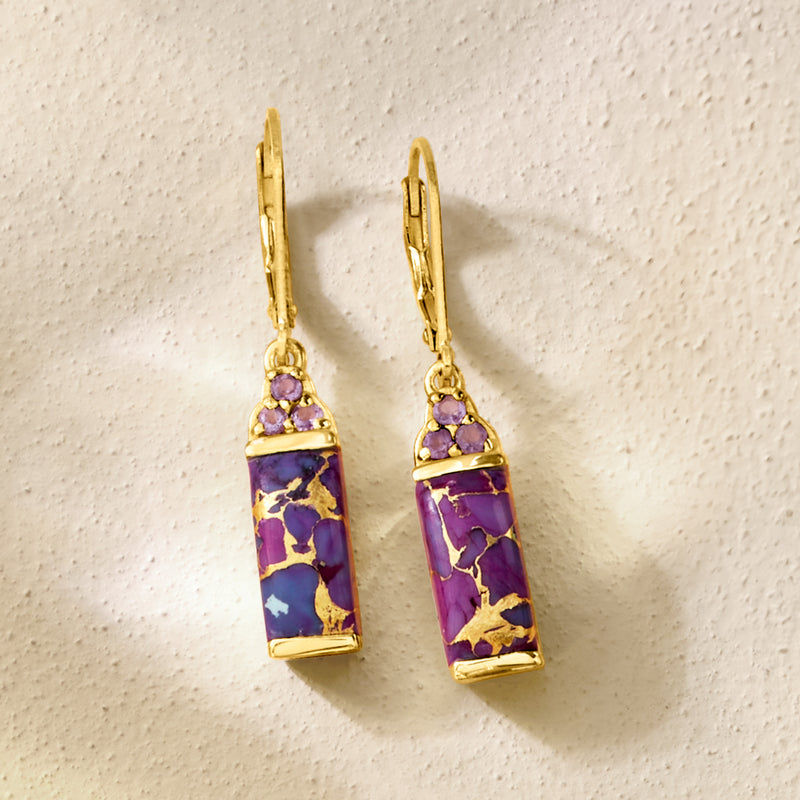 Gold leverback drop earrings with purple marbled stones and small amethyst clusters