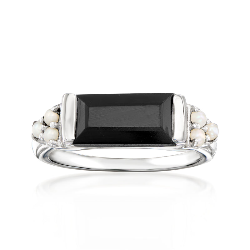Sterling silver ring with black onyx square center and white cultured pearl bezel