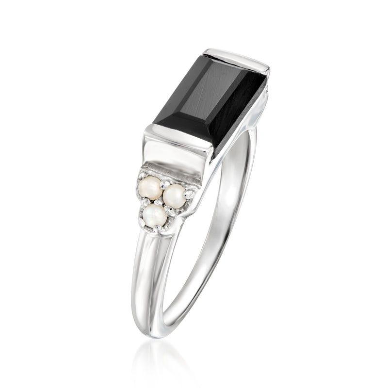 Sterling silver onyx ring with black rectangular stone and clustered white pearls on band