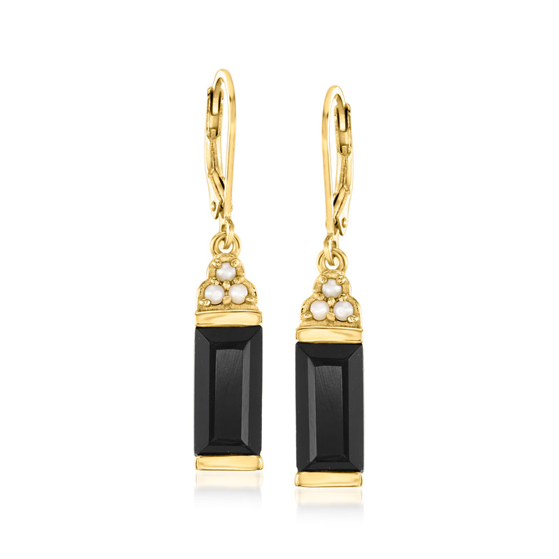 Gold leverback drop earrings with black onyx bar and three small white pearls