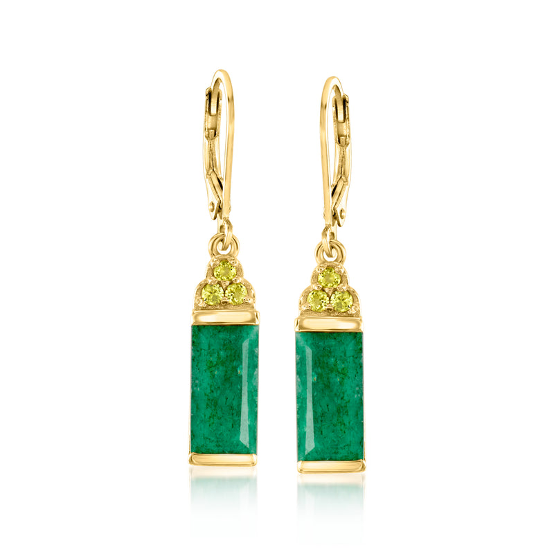 Gold leverback drop earrings with green emerald-style and peridot stones