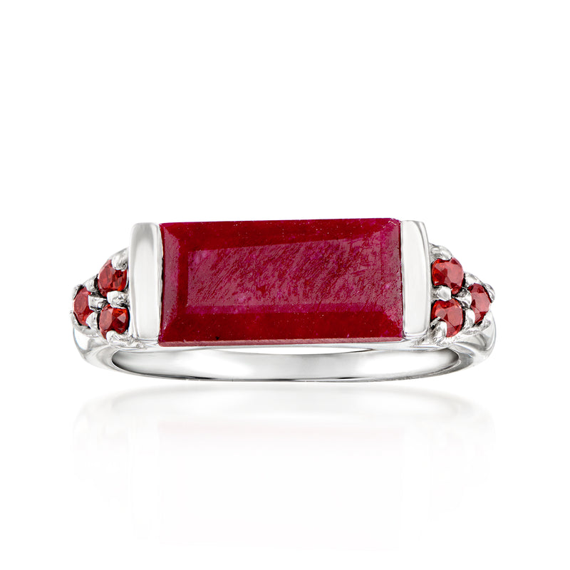 Sterling silver ring with rectangular red center stone and three red side accents