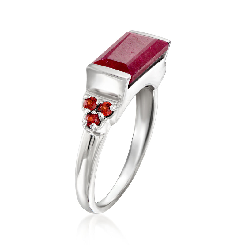 Sterling silver ring angled view, rectangular red stone with small red cluster side stones