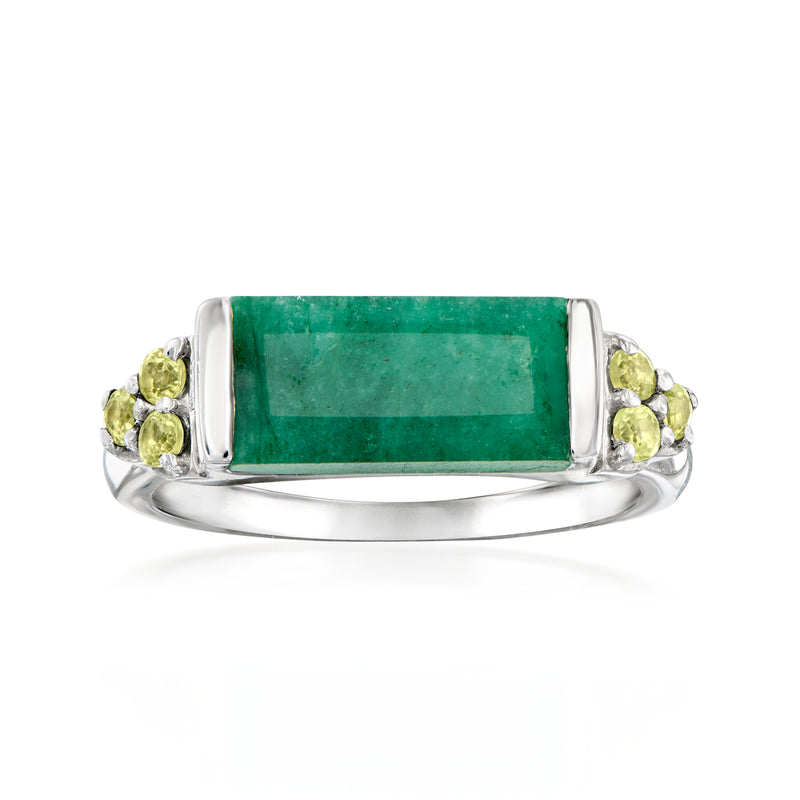 Sterling silver ring with emerald-green rectangular stone and peridot green side accents