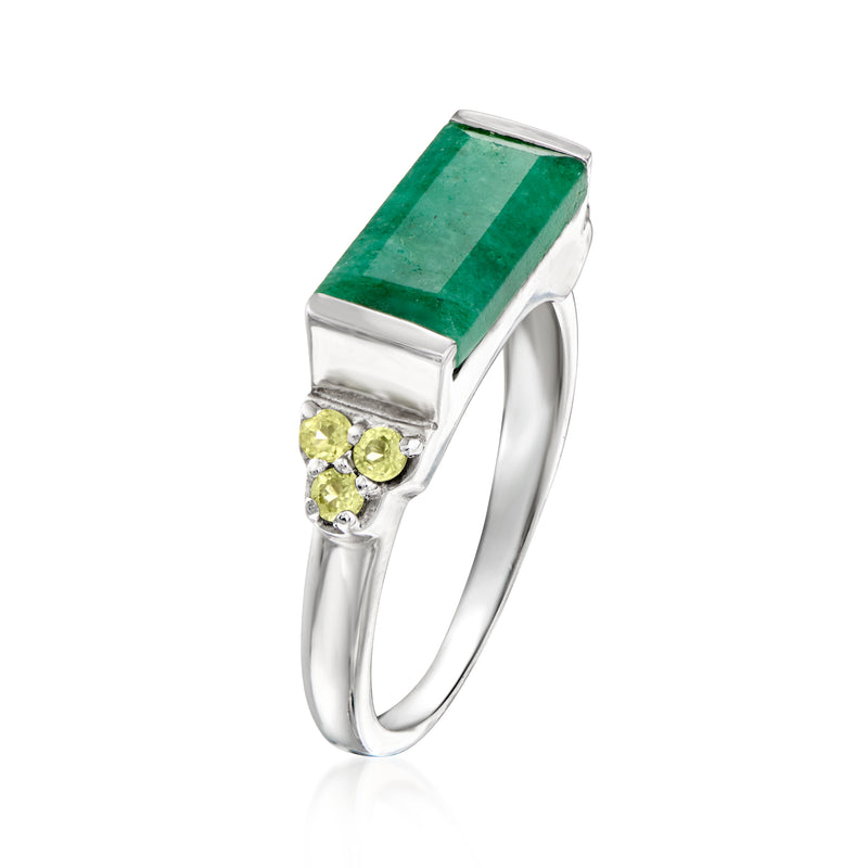 Sterling silver ring with green rectangular center stone and peridot side stones
