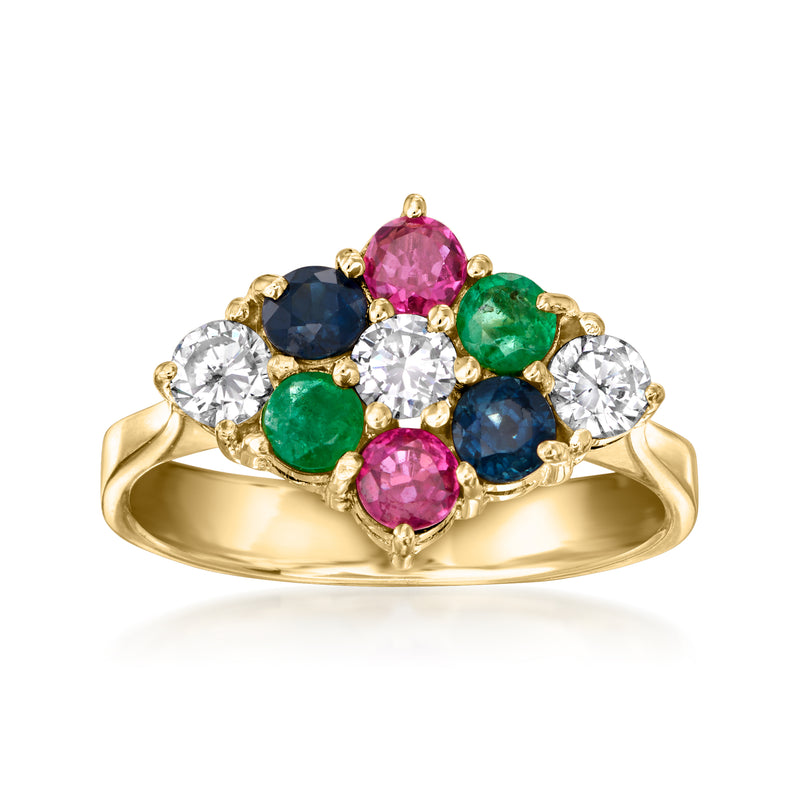 18kt yellow gold multi-gemstone ring with pink, green, blue and white stones