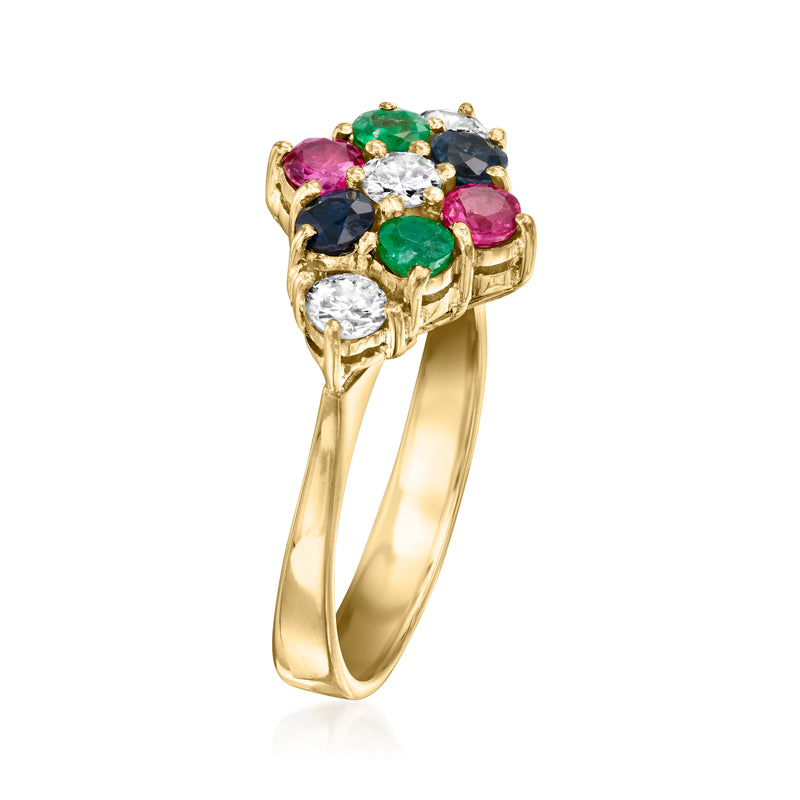 18kt yellow gold multi-gemstone ring with prong-set pink, green, blue and white gems