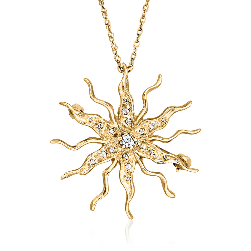 10kt yellow gold sunburst pendant with diamond accents and hanging chain