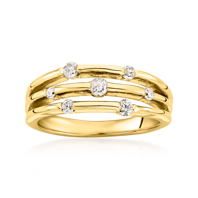 Three-row diamond ring in 10kt yellow gold with round-cut stones, polished band