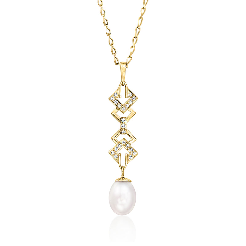 Yellow gold pendant necklace with cultured pearl and diamond accents, linked chain