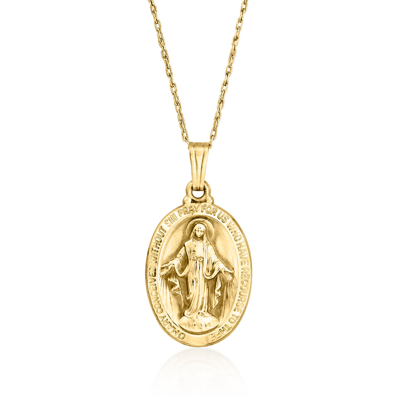 14kt yellow gold miraculous medal pendant necklace with oval relief Virgin Mary