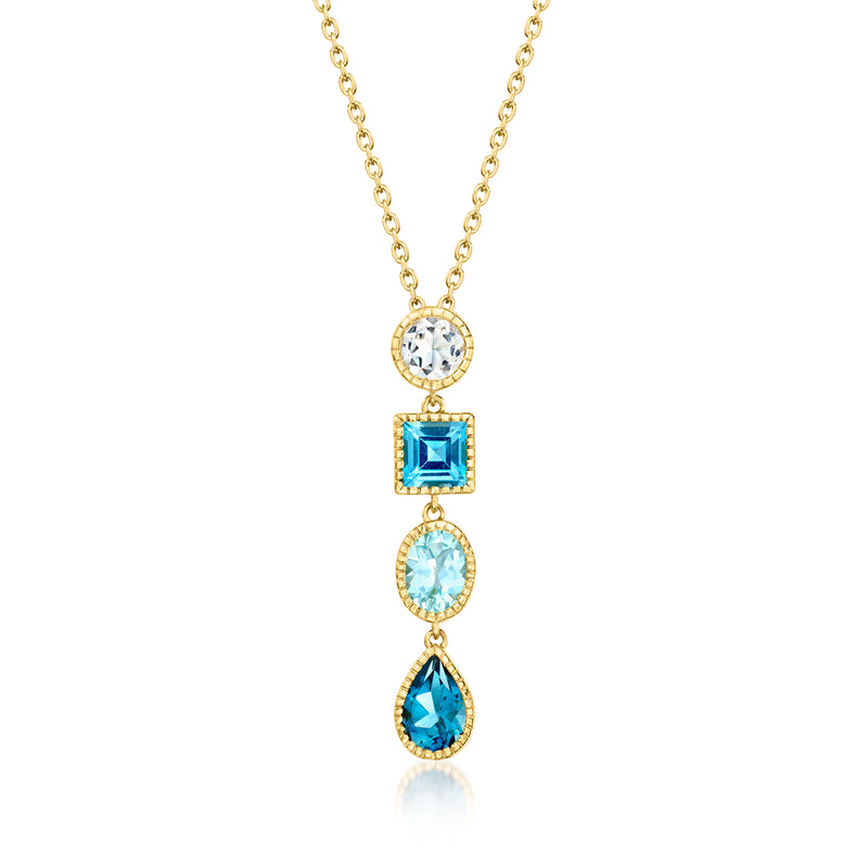 Gold over sterling topaz pendant necklace with round clear, square blue, teardrop blue stones