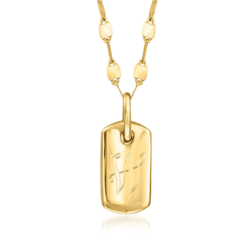 Puffed yellow gold dog tag necklace with engraved front and link chain