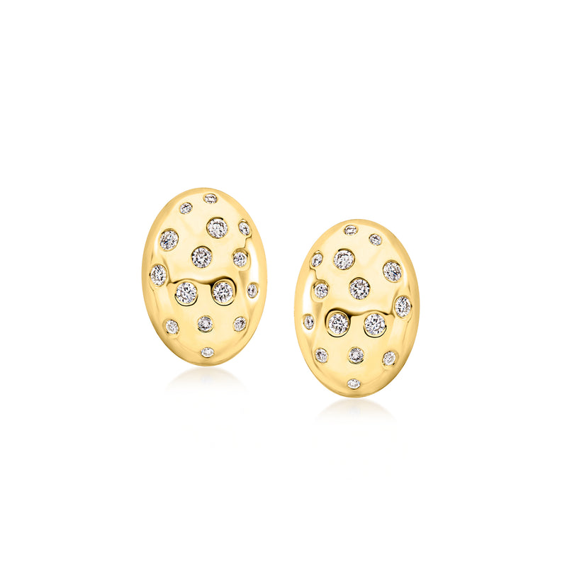 Oval lab-grown diamond stud earrings on gold oval settings with scattered round stones