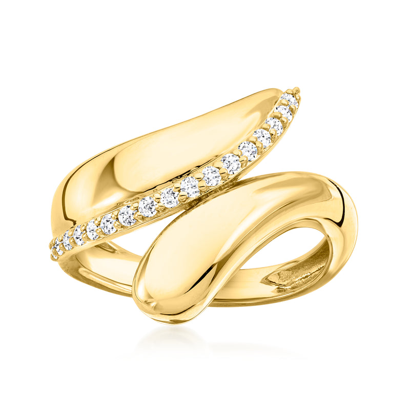 Gold bypass ring with two interwoven bands and a row of round diamond accents